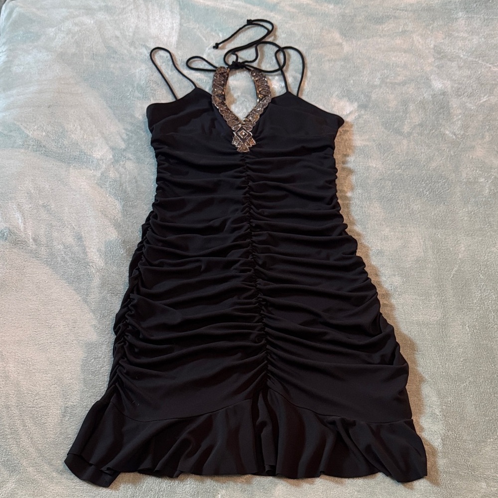 Vintage Nicole Miller Black Ruched Jeweled Embellished Cocktail Dress